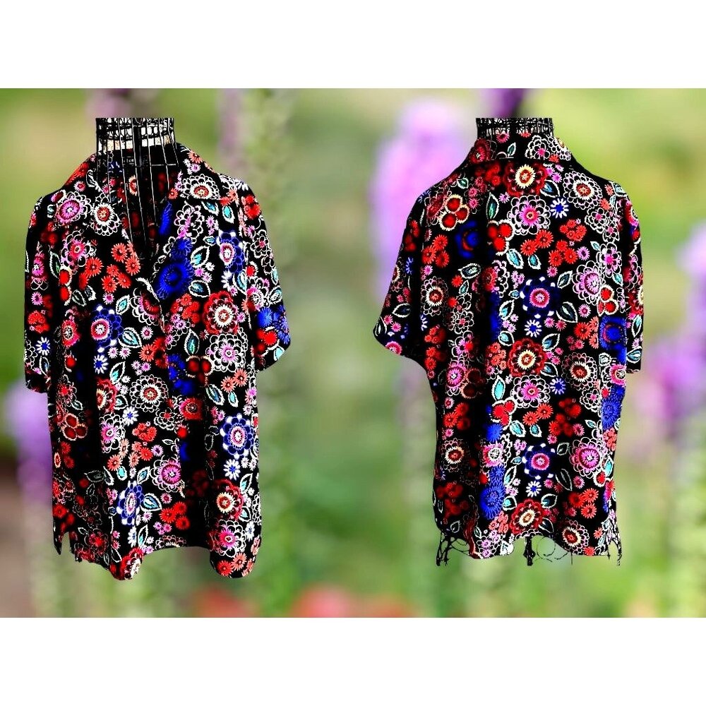 VTG Elementz Blouse Woman 1X Black Floral Shirt Button Short Sleeves Psy…